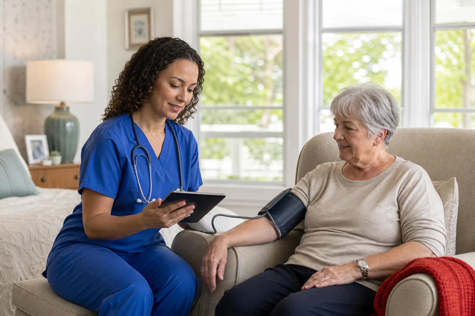 Home health nurse reviewing care with a patient