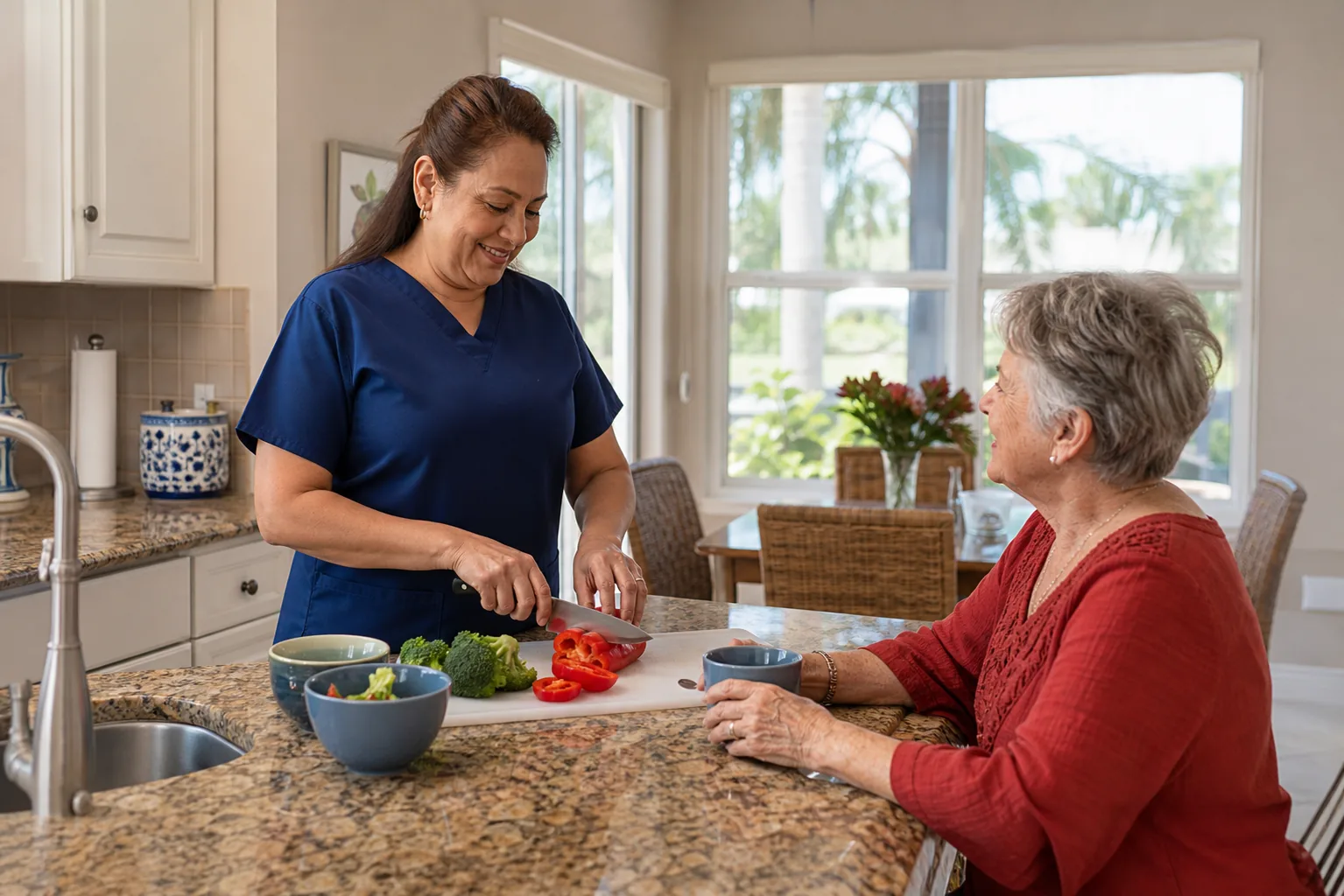 Home health aide preparing a meal with an older adult at home